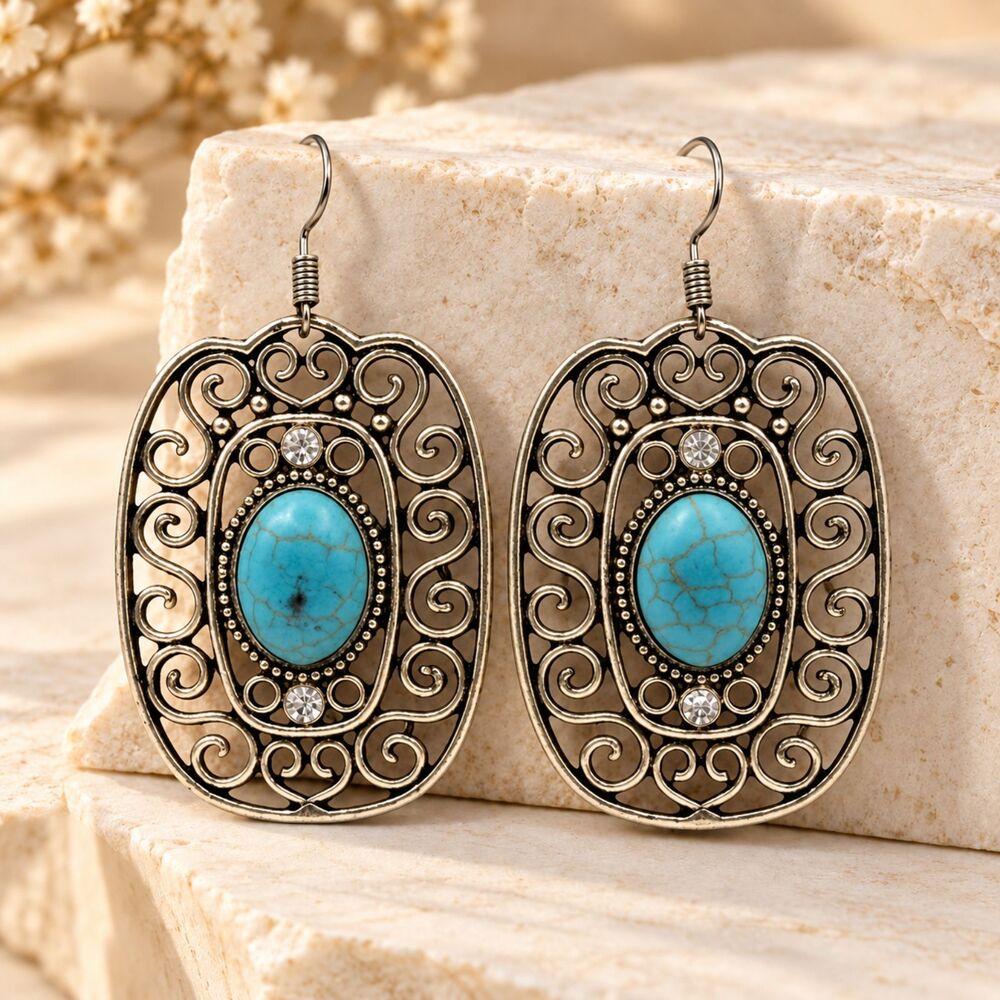 Bohemian Faux Turquoise Dangle Earrings, Ornate Filigree Antique Silver Tone